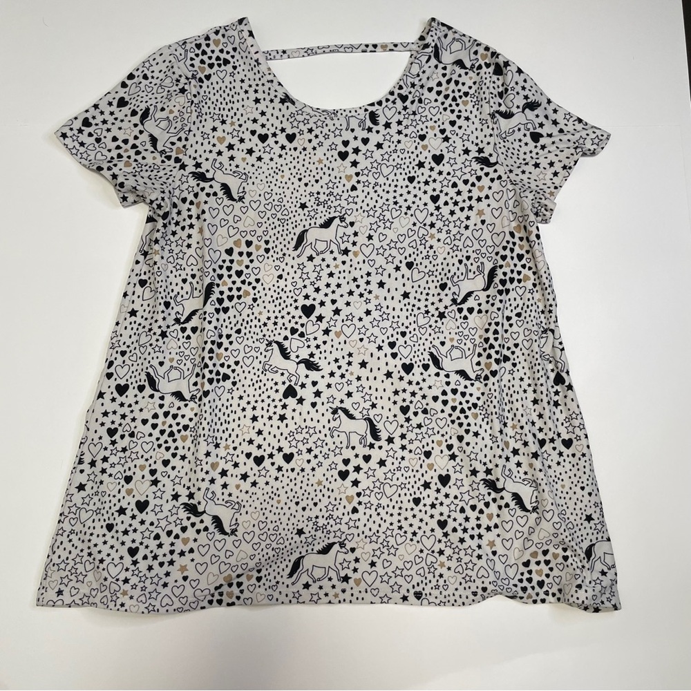 H&M Girls Unicorn Heart Star Print Black White Cutout Back Top L/G (10/12)